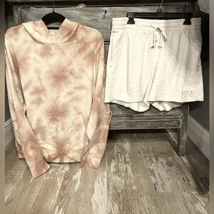 EUC!Victoria Secret PINK Set!Rose Tie/Dye Campus Hoodie/Boyfriend Lounge Short-L
